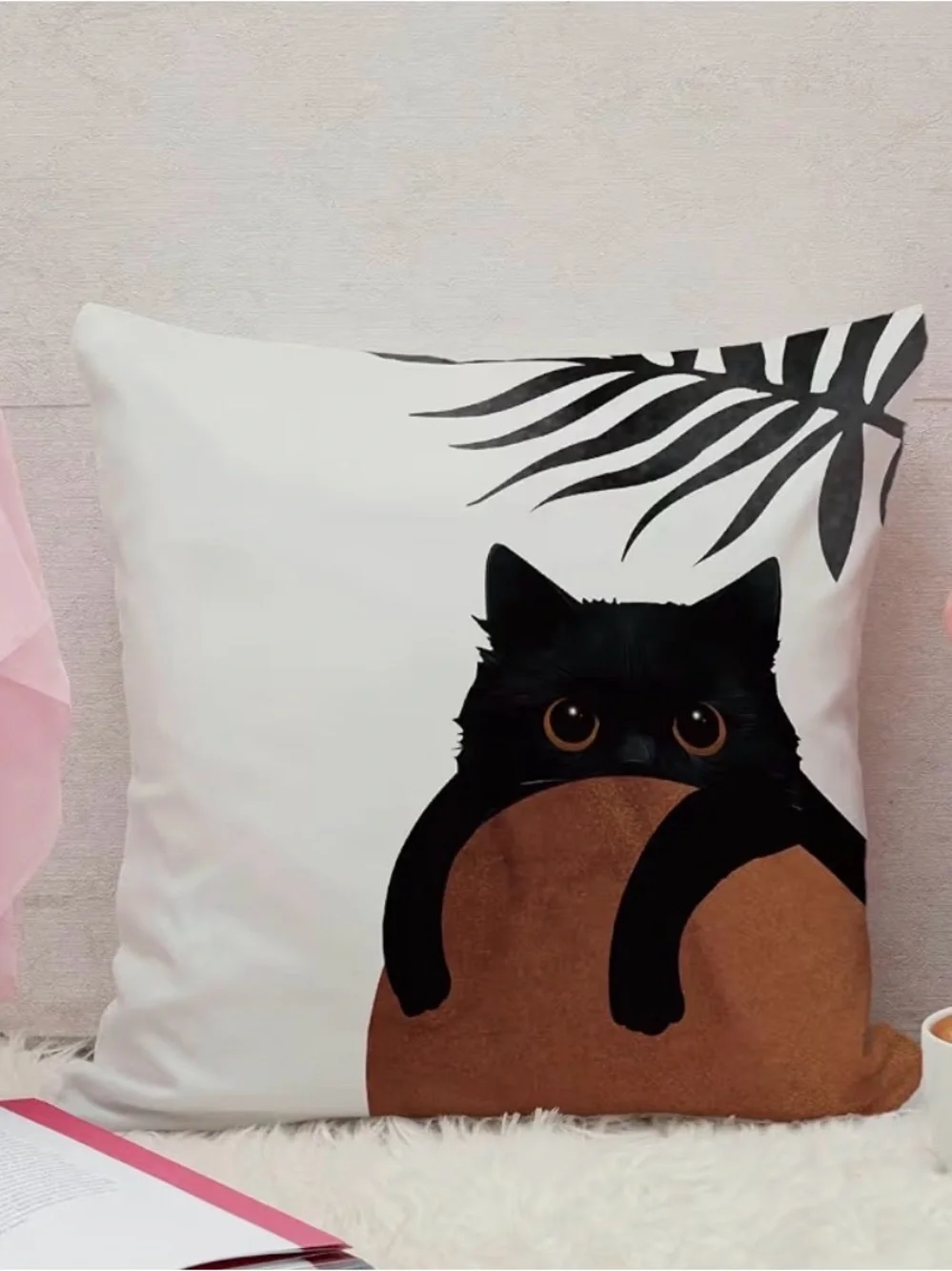 Playful Black Cat Accent Pillow Case in White and Black. NWT.